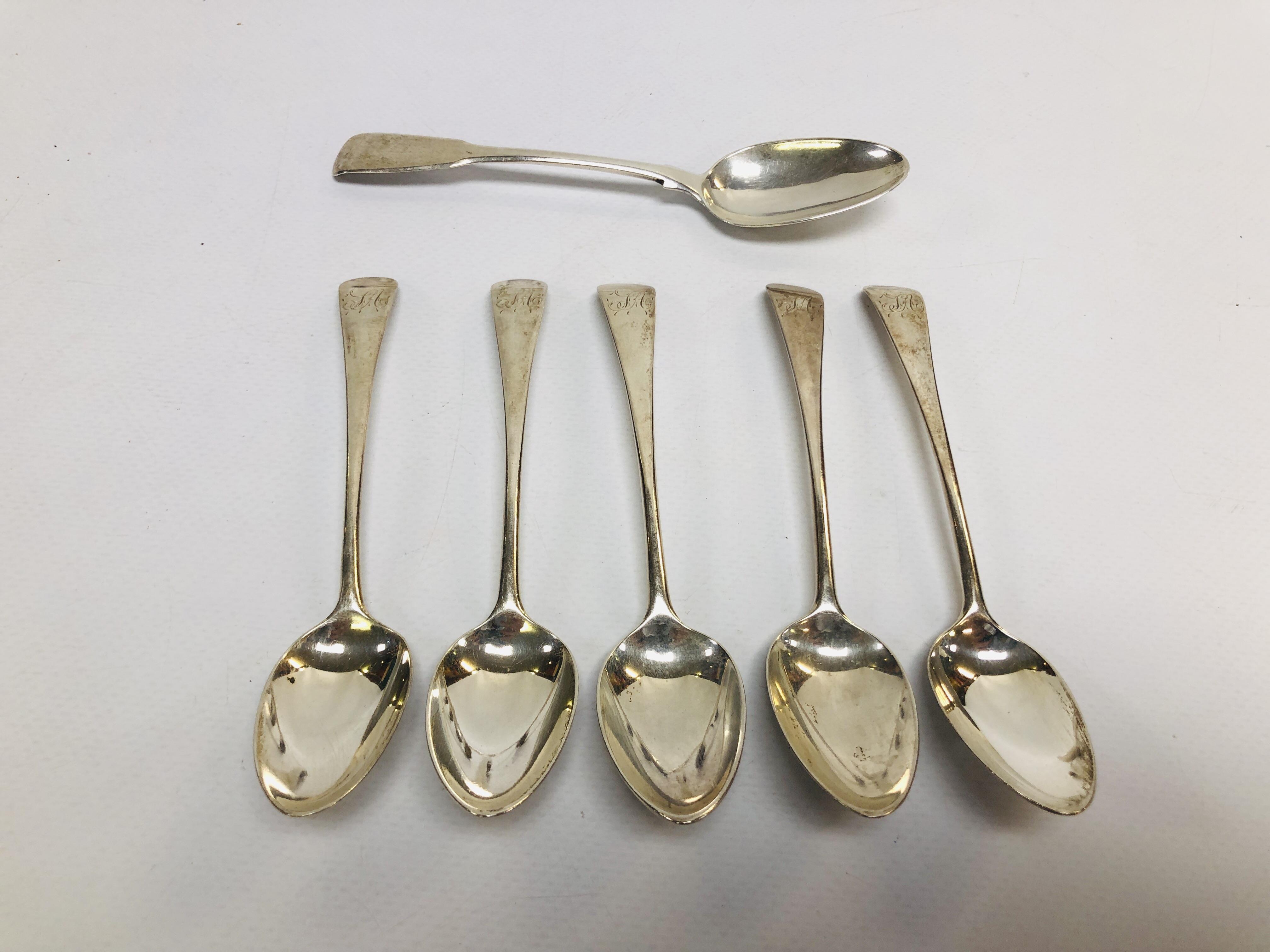 FIVE SILVER GEORGE III TEASPOONS BY PETER,