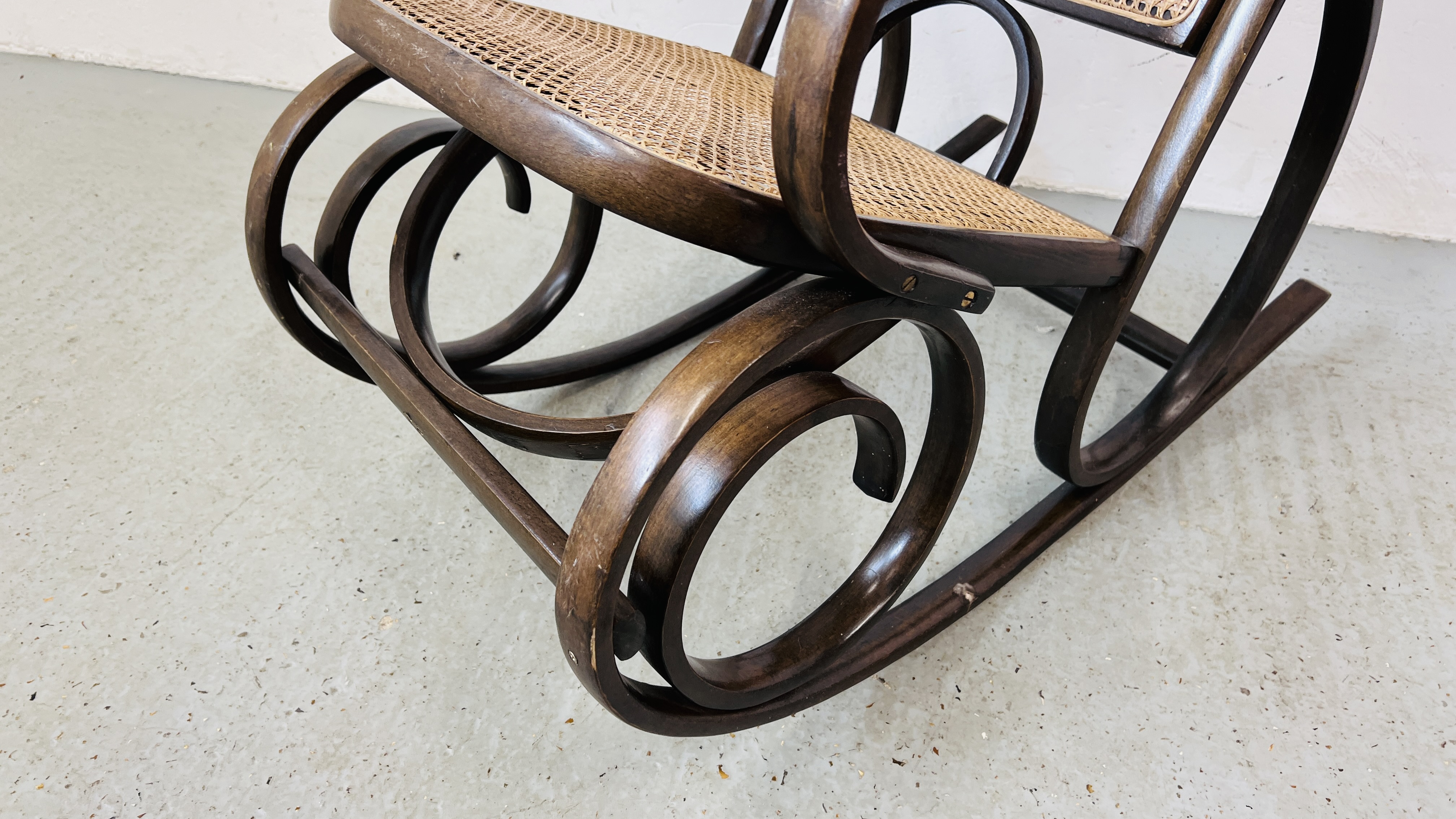 A BENTWOOD ROCKING CHAIR WITH RATTAN SEAT AND BACK - Image 4 of 5