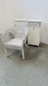 TWO MODERN WHITE FINISH BATHROOM CABINETS EACH W 40CM, D 28CM, H 80CM AND WHITE WICKER CHAIR.