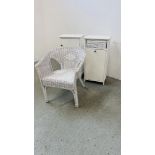 TWO MODERN WHITE FINISH BATHROOM CABINETS EACH W 40CM, D 28CM, H 80CM AND WHITE WICKER CHAIR.