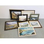 COLLECTION OF ORIGINAL ARTWORKS TO INCLUDE FOUR FRAMED WATERCOLOURS BEARING SIGNATURE GRIEG HALL,