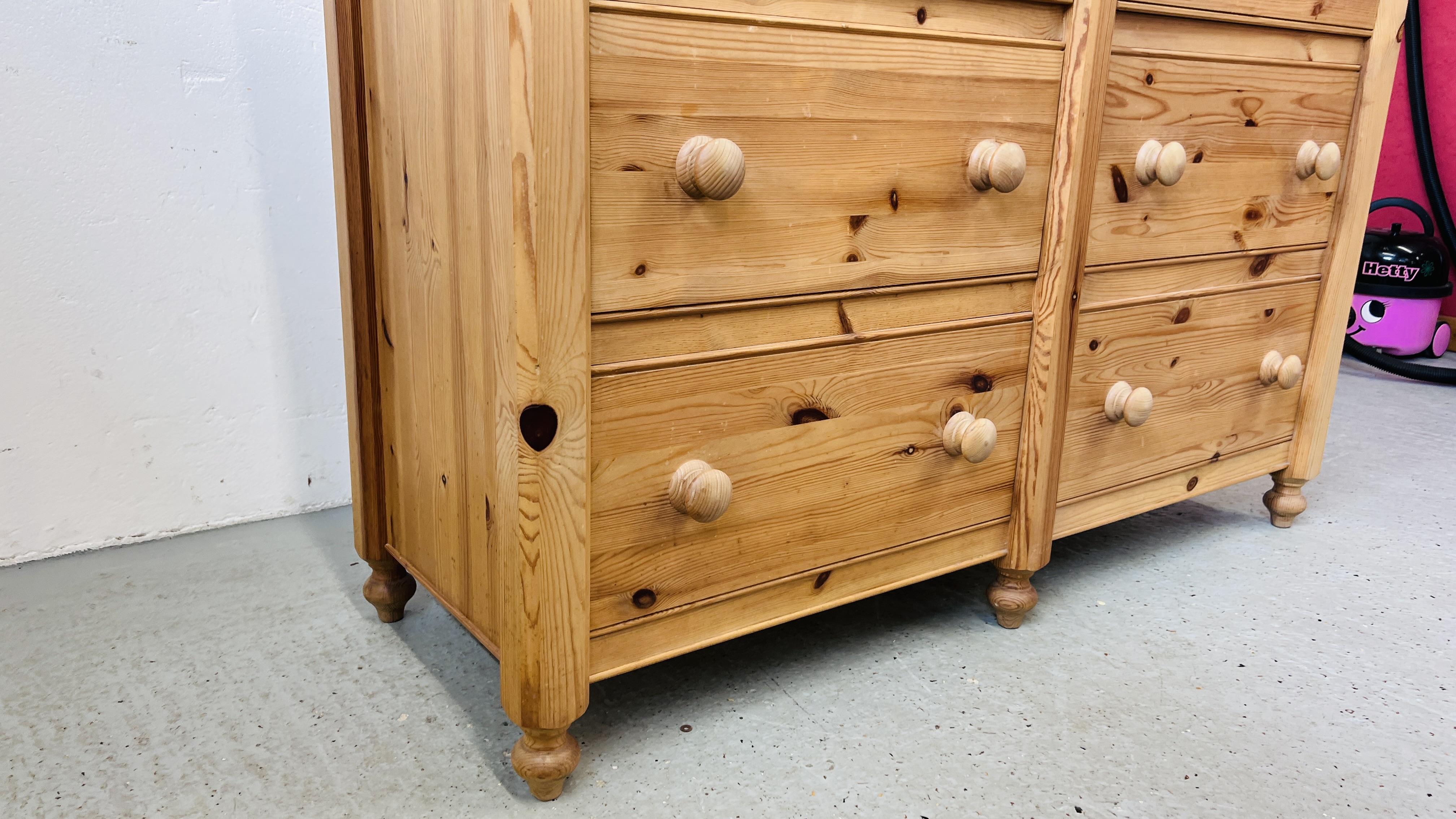 A LARGE SOLID PINE SIX DRAWER CHEST WITH TURNED KNOBS 144CM X 54CM X 101CM. - Image 4 of 6