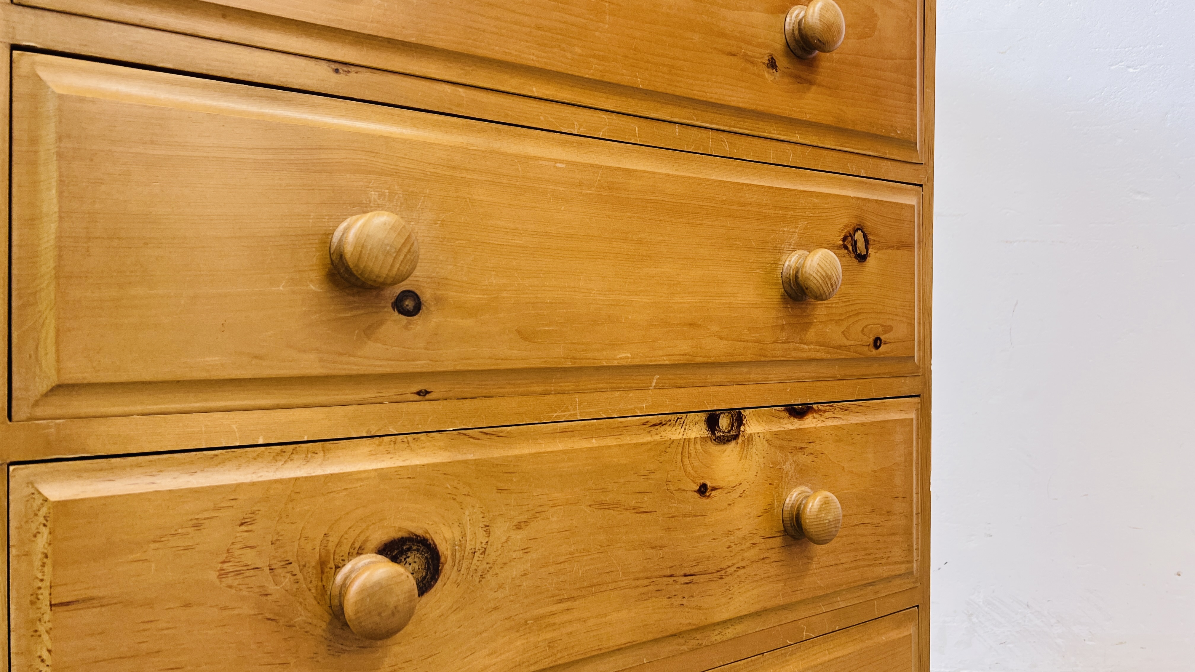 A SOLID PINE TWO OVER THREE CHEST OF DRAWERS W 85CM, D 43CM, H 117CM. - Image 5 of 8