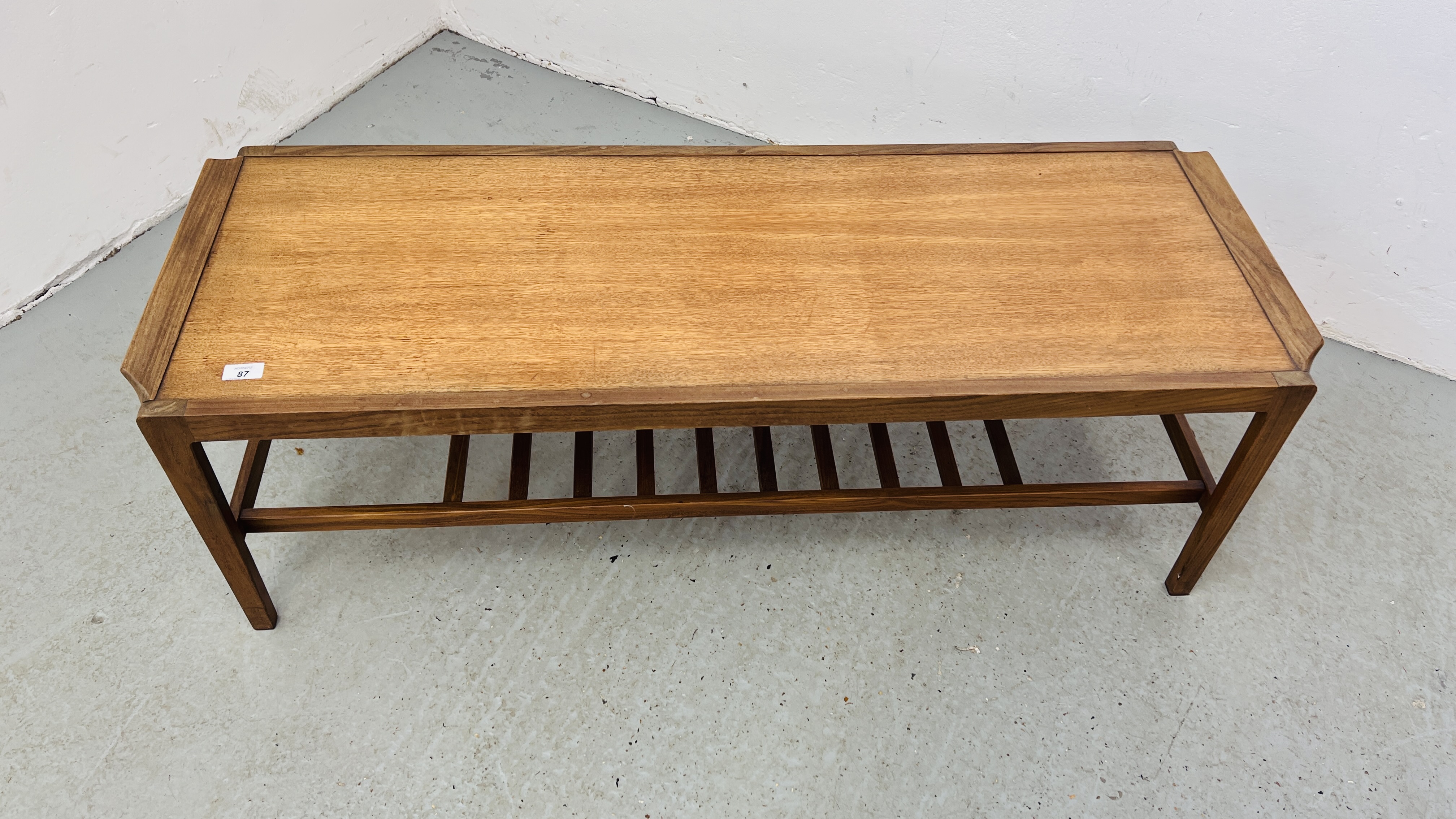 A MID CENTURY REMPLOY TEAK RECTANGULAR COFFEE TABLE WITH SLATTED SHELF BELOW W 44CM, L 125CM, - Image 2 of 7