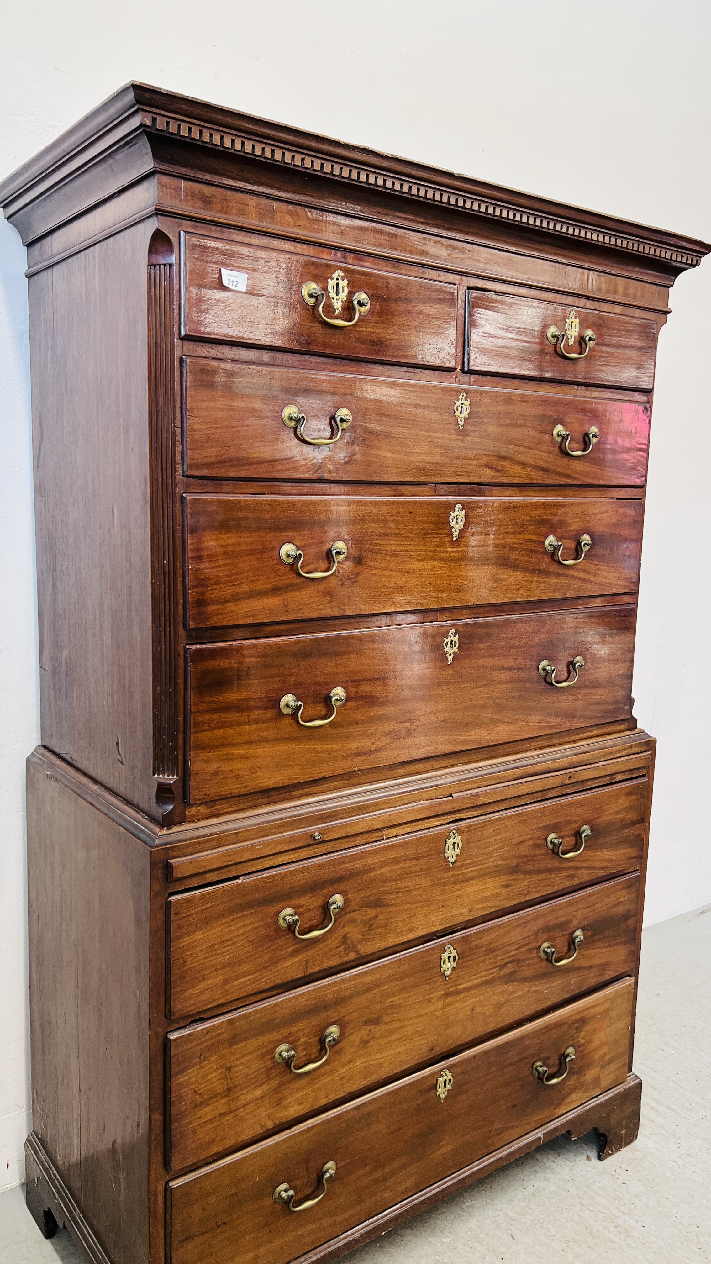 A GEORGE III MAHOGANY CHEST ON CHEST, RETAINING ORIGINAL HANDLES, THE BASE WITH BRUSHING SLIDE, - Image 2 of 17