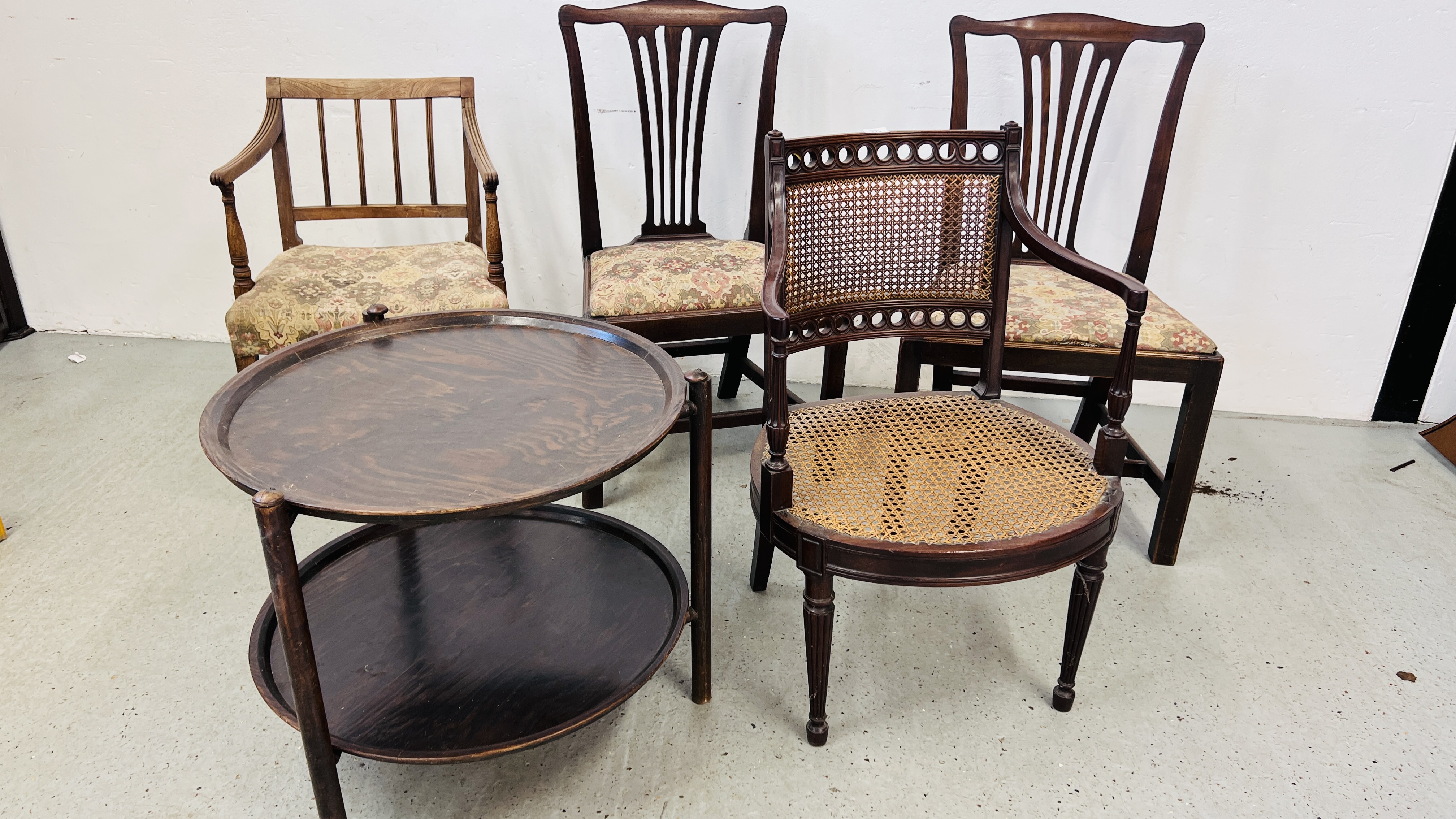 A PAIR OF ANTIQUE MAHOGANY STRUNG BACK SIDE CHAIRS WITH DROP IN SEATS,