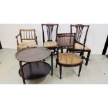 A PAIR OF ANTIQUE MAHOGANY STRUNG BACK SIDE CHAIRS WITH DROP IN SEATS,