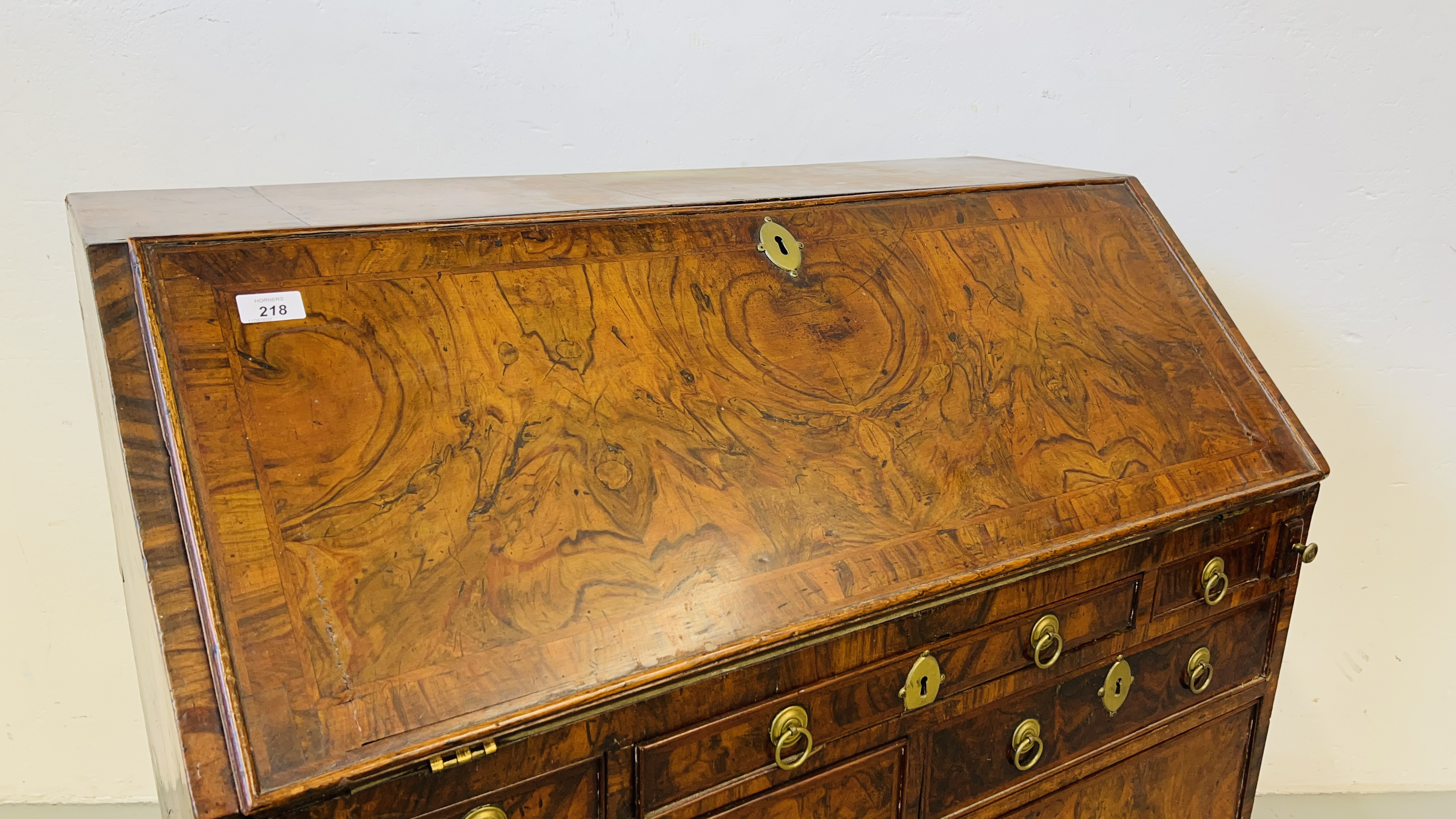 A GEORGE II FIGURED WALNUT BUREAU, THE FALLING FRONT ENCLOSING FITTED INTERIOR, - Image 3 of 17