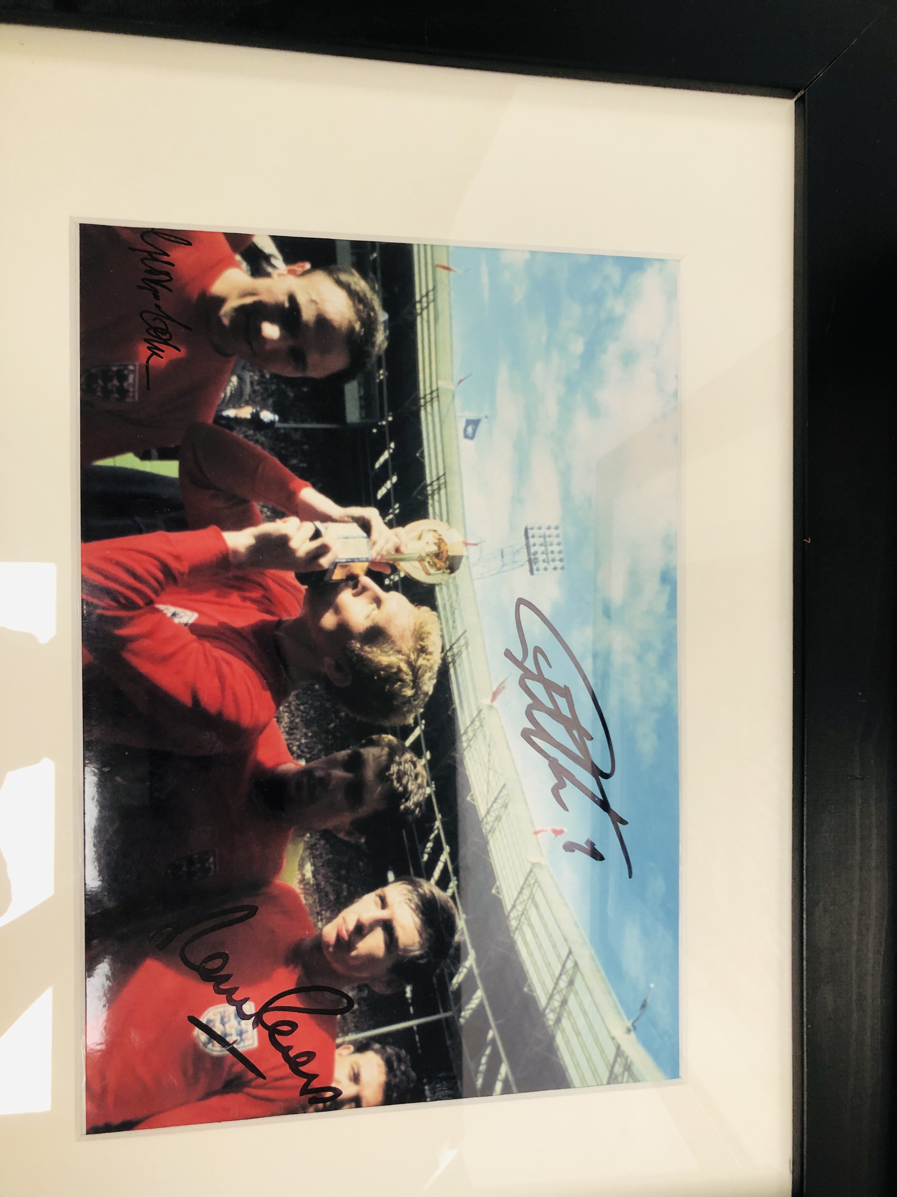 THREE FRAMED 1966 ENGLAND SIGNED PHOTOGRAPHS BEARING SIGNATURES BOBBY MOORE, MARTIN PETERS, - Image 3 of 7