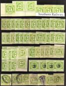SOUTHERN RAILWAY: 1923-8 MINT AND USED SELECTION, VARIOUS PRINTINGS, TWO MINT SHEETS OF TWELVE,