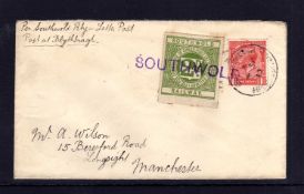 SOUTHWOLD RAILWAY: 1917 'WILSON' COVER TO MANCHESTER BEARING 1d AND 2d TIED STRAIGHT LINE