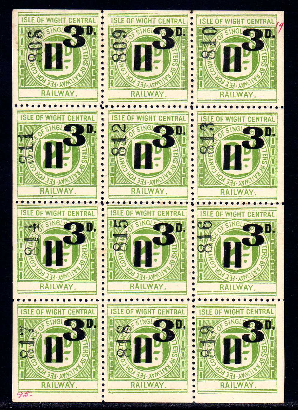 ISLE OF WIGHT CENTRAL RAILWAY: 1920 3d SURCHARGE MNH SHEET OF TWELVE (LS7) CONTROLS 808-819