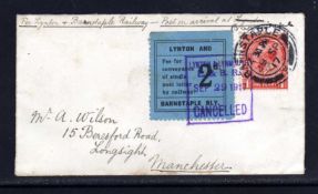 LYNTON AND BARNSTAPLE RAILWAY: 1917 SEPT 29th 'WILSON' COVER BEARING KGV 1d AND 2d TIED BARNSTAPLE