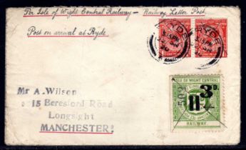ISLE OF WIGHT CENTRAL RAILWAY: 1920 (22 SEP) 'WILSON' COVER BEARING MANUSCRIPT 4d ON 3d ON 2d