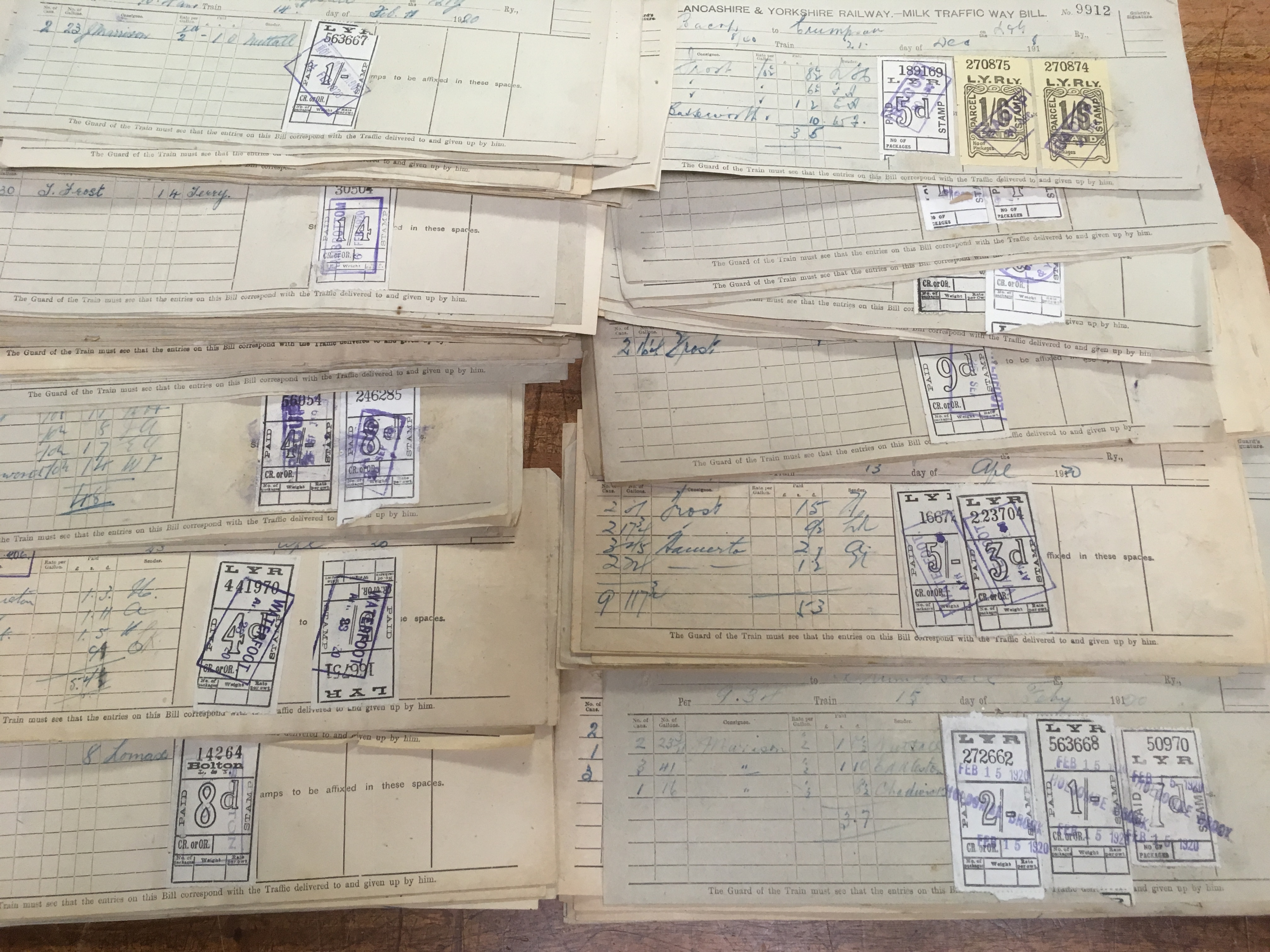 LANCASHIRE AND YORKSHIRE RAILWAY: c1918-20 EXTENSIVE GROUP OF WAYBILLS WITH PAID PARCEL STAMPS, - Image 5 of 5