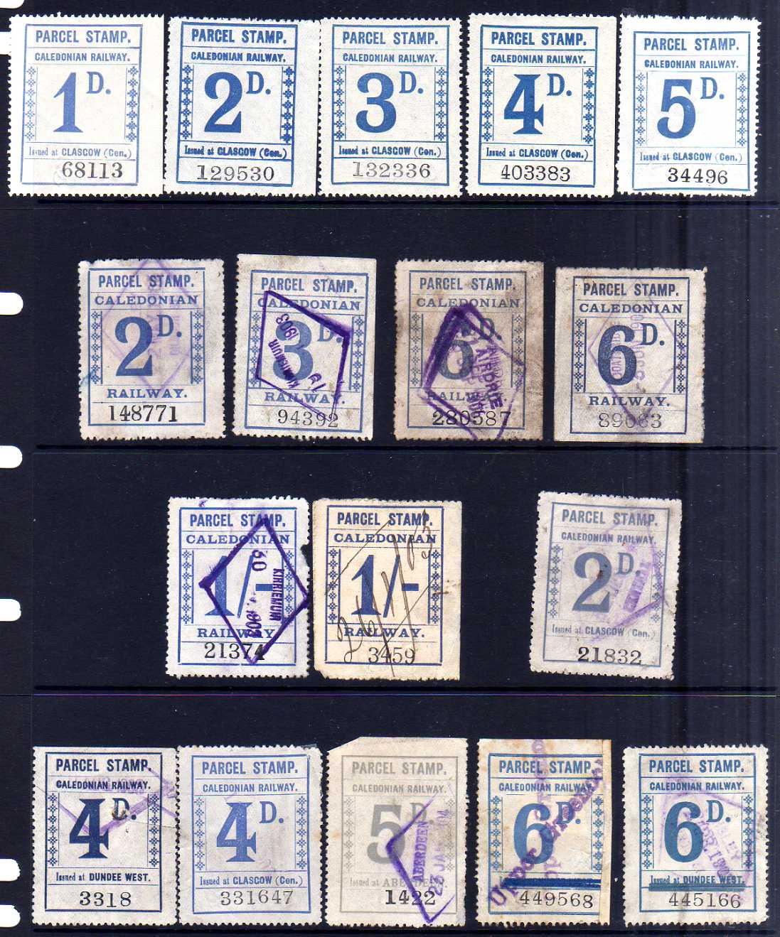 CALEDONIAN RAILWAY: 1902 ONWARDS BLUE PARCEL STAMPS MAINLY USED SELECTION,