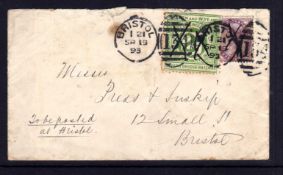 SEVERN AND WYE AND SEVERN BRIDGE RAILWAY: 1893 BRISTOL LOCAL ENVELOPE BEARING 1d LILAC AND 2d TIED