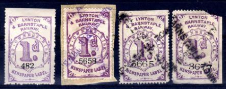 LYNTON AND BARNSTAPLE RAILWAY: 1d NEWSPAPER LABEL IN VIOLET, OG AND USED (3),