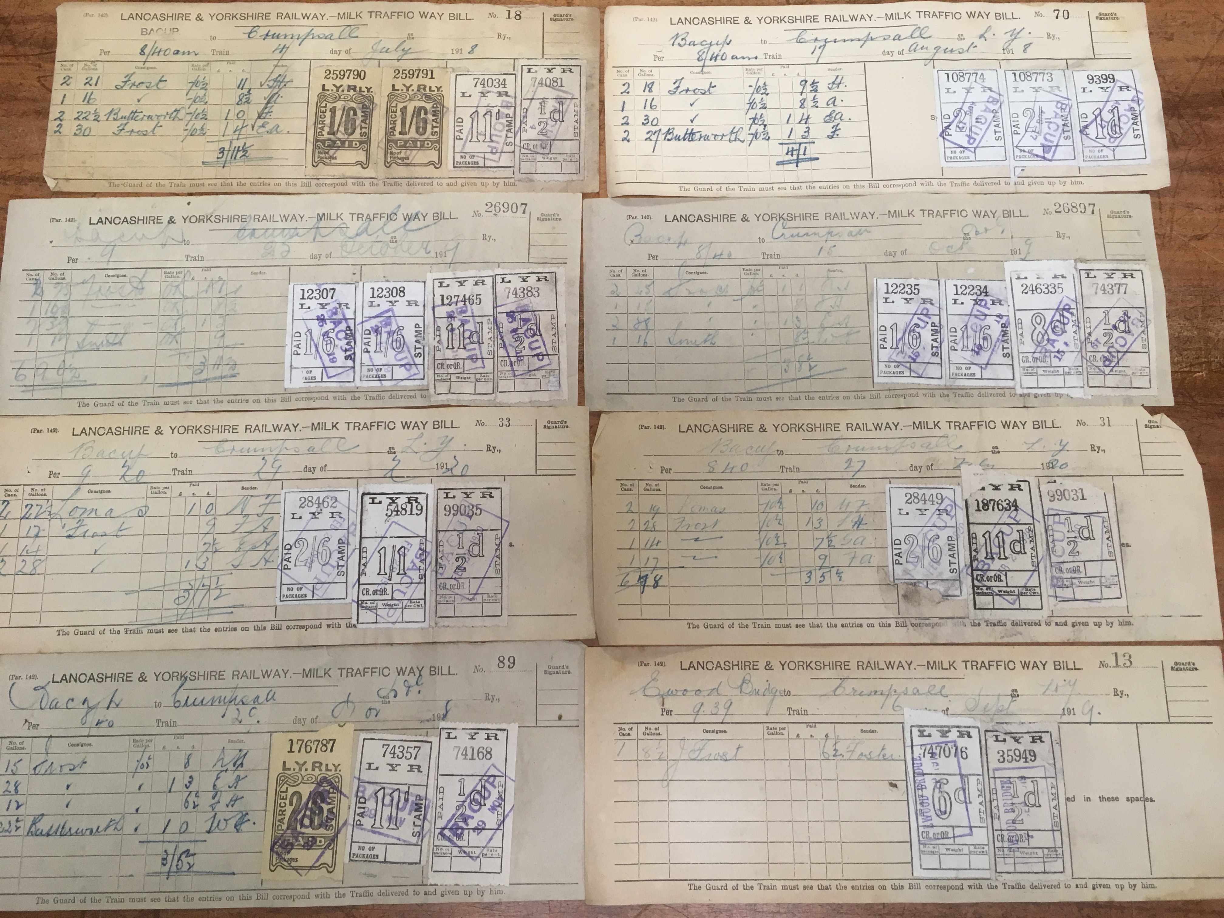 LANCASHIRE AND YORKSHIRE RAILWAY: c1918-20 EXTENSIVE GROUP OF WAYBILLS WITH PAID PARCEL STAMPS, - Image 4 of 5