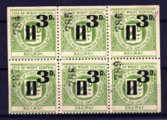 ISLE OF WIGHT CENTRAL RAILWAY: 1920 3d SURCHARGE MNH BLOCK OF SIX,