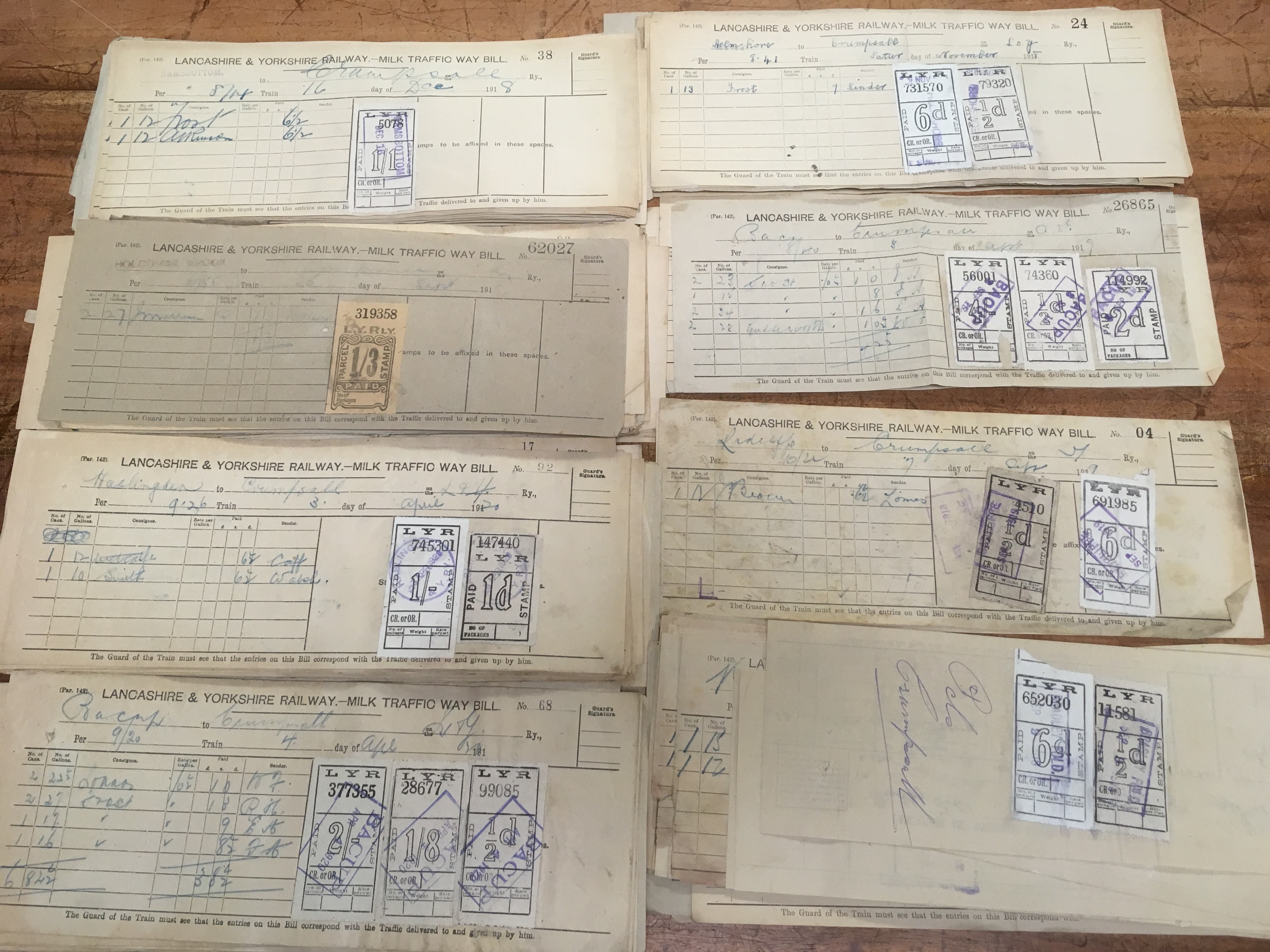 LANCASHIRE AND YORKSHIRE RAILWAY: c1918-20 EXTENSIVE GROUP OF WAYBILLS WITH PAID PARCEL STAMPS, - Image 2 of 5