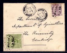 NORTH STAFFORDSHIRE RAILWAY: 1900 STOKE TO CAMBRIDGE COVER BEARING 1d LILAC AND 2d CANCELLED OVAL