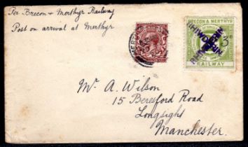 BRECON AND MERTHYR RAILWAY: 1920 "WILSON" ENVELOPE BEARING 3d IN MANUSCRIPT ON 2d CANCELLED