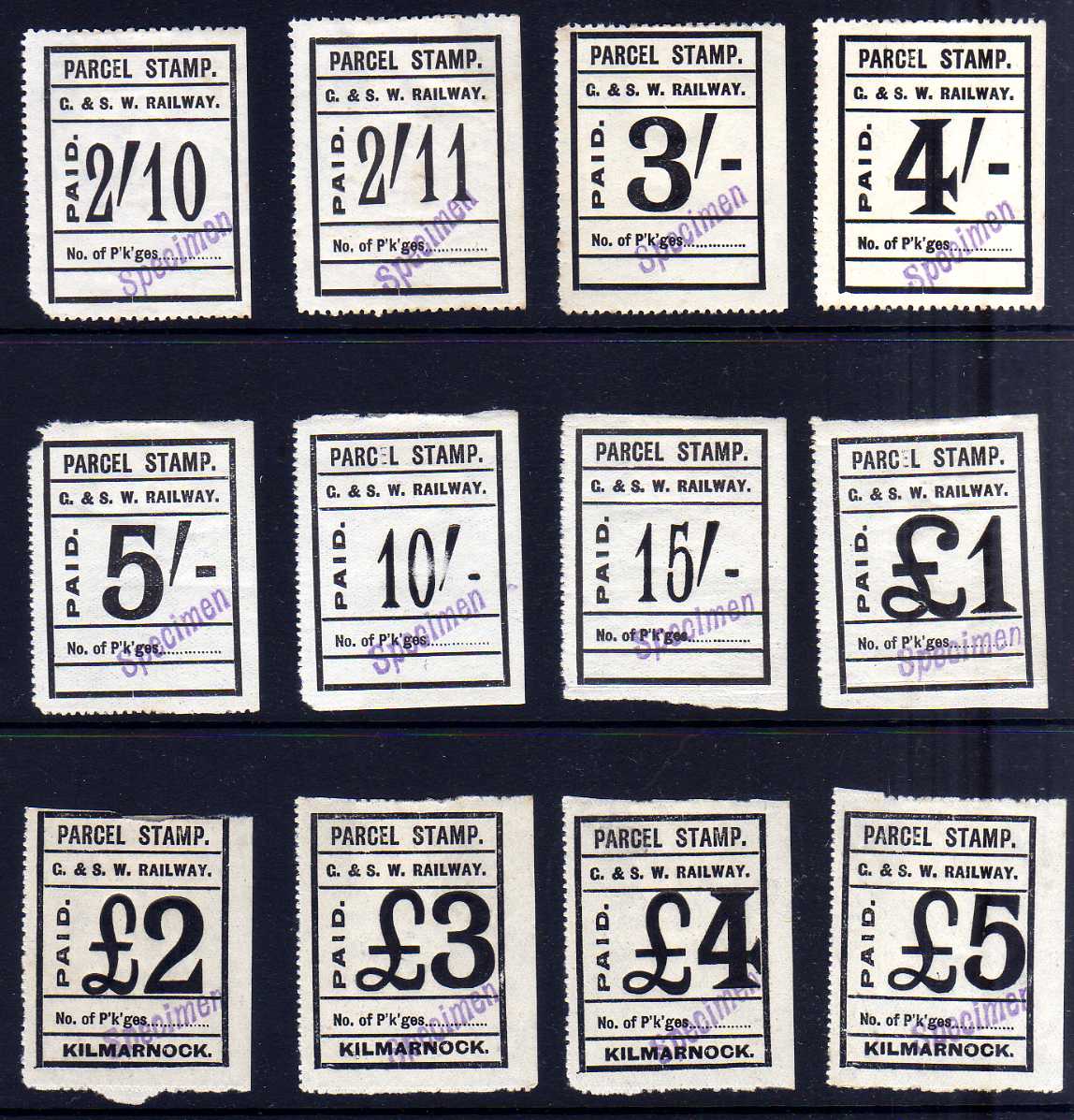 GLASGOW AND SOUTH WESTERN RAILWAY: BLACK PARCEL STAMPS, ½d TO £5,