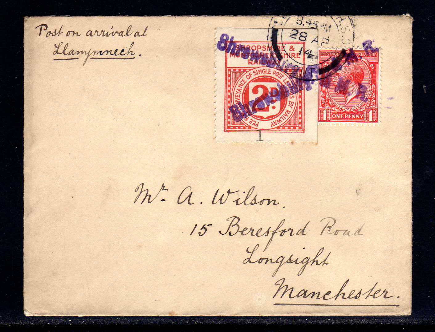 SHROPSHIRE AND MONTGOMERY RAILWAY: 1914 (28 APRIL) WILSON ENVELOPE TO MANCHESTER BEARING KGV 1d AND