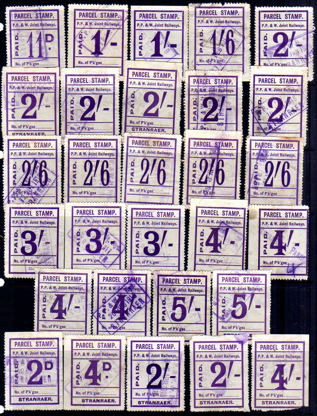 PORTPATRICK AND WIGTOWNSHIRE JOINT RAILWAYS: c1915-20 VIOLET PAID PARCEL STAMPS USED SELECTION WITH - Image 2 of 2