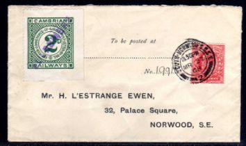 CAMBRIAN RAILWAYS: 1908 "EWEN" COVER BEARING 1d WITH 2d DIE IV CANCELLED "ELLESMERE" IN VIOLET