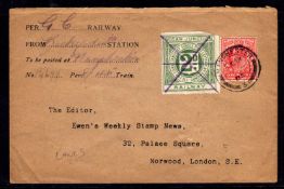 WIGAN JUNCTION RAILWAY: 1905 'EWEN' COVER BEARING 1d AND LETTER 2d (CORNER MISSING) TIED MANCHESTER