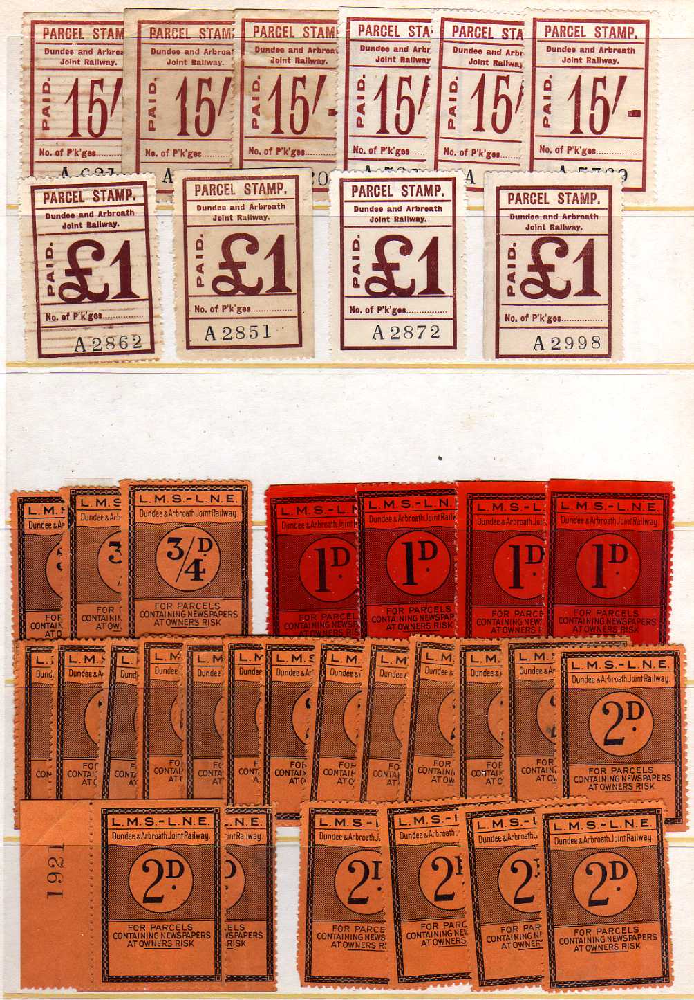 DUNDEE AND ARBROATH JOINT RAILWAY: UNUSED AND USED SELECTION WITH BROWN PARCEL PAID TYPE VALUES TO - Image 2 of 5