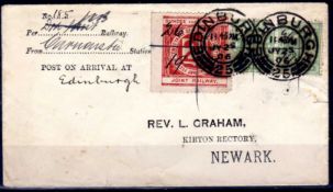 DUNDEE AND ARBROATH JOINT RAILWAY: 1906 'GRAHAM' COVER CARNOUSTIE TO NEWARK BEARING ½d (2) AND 2d