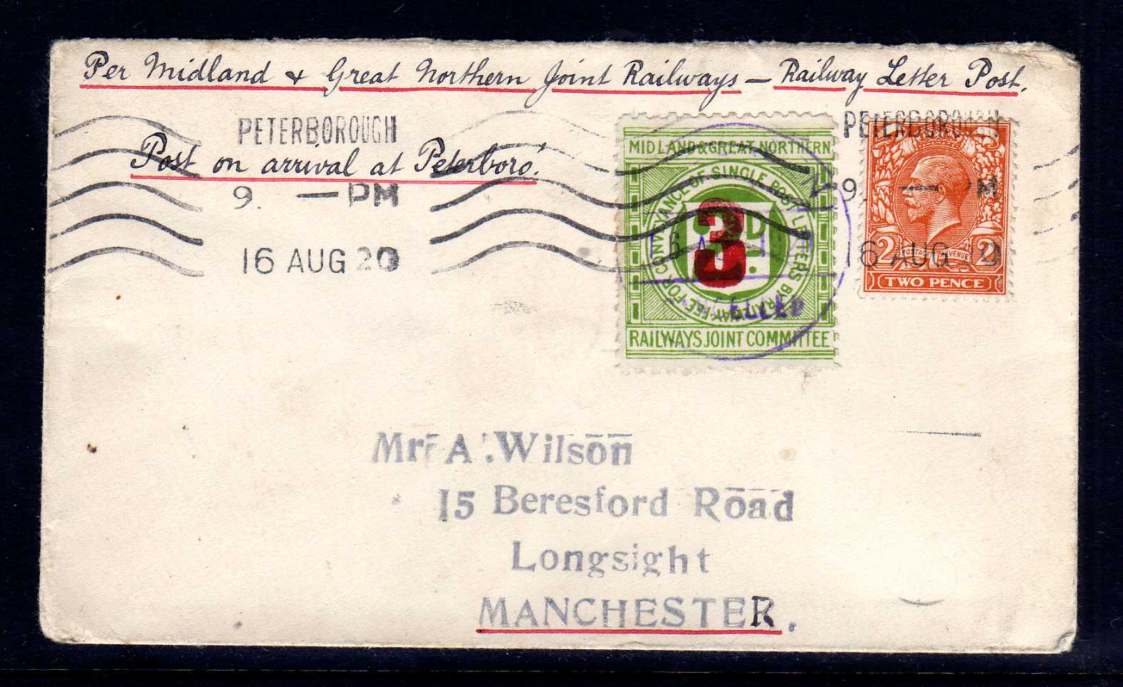 MIDLAND AND GREAT NORTHERN JOINT RAILWAYS: 1920 'WILSON' COVER BEARING KGV 2d AND PROVISIONAL 3 IN