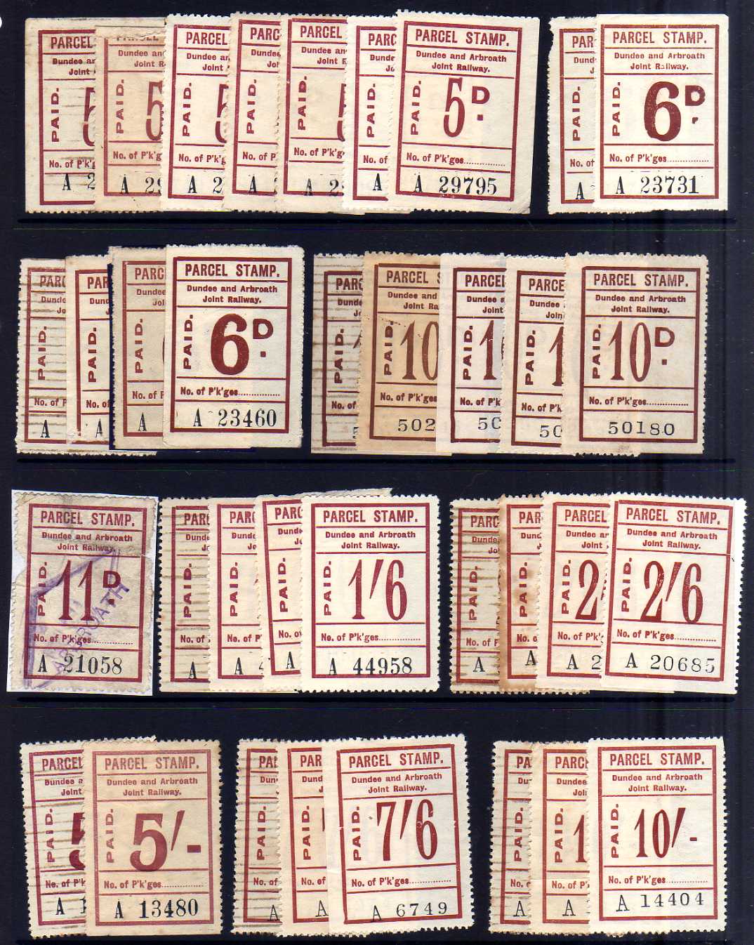 DUNDEE AND ARBROATH JOINT RAILWAY: UNUSED AND USED SELECTION WITH BROWN PARCEL PAID TYPE VALUES TO