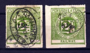 PEMBROKE AND TENBY RAILWAY: 1891 2d USED EXAMPLES WITH CONTROLS 152 AND 979,