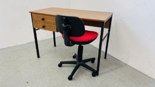 SMALL METAL FRAMED TWO DRAWER WORK TABLE W 100CM, D 50CM, H 72CM AND SWIVEL CHAIR.