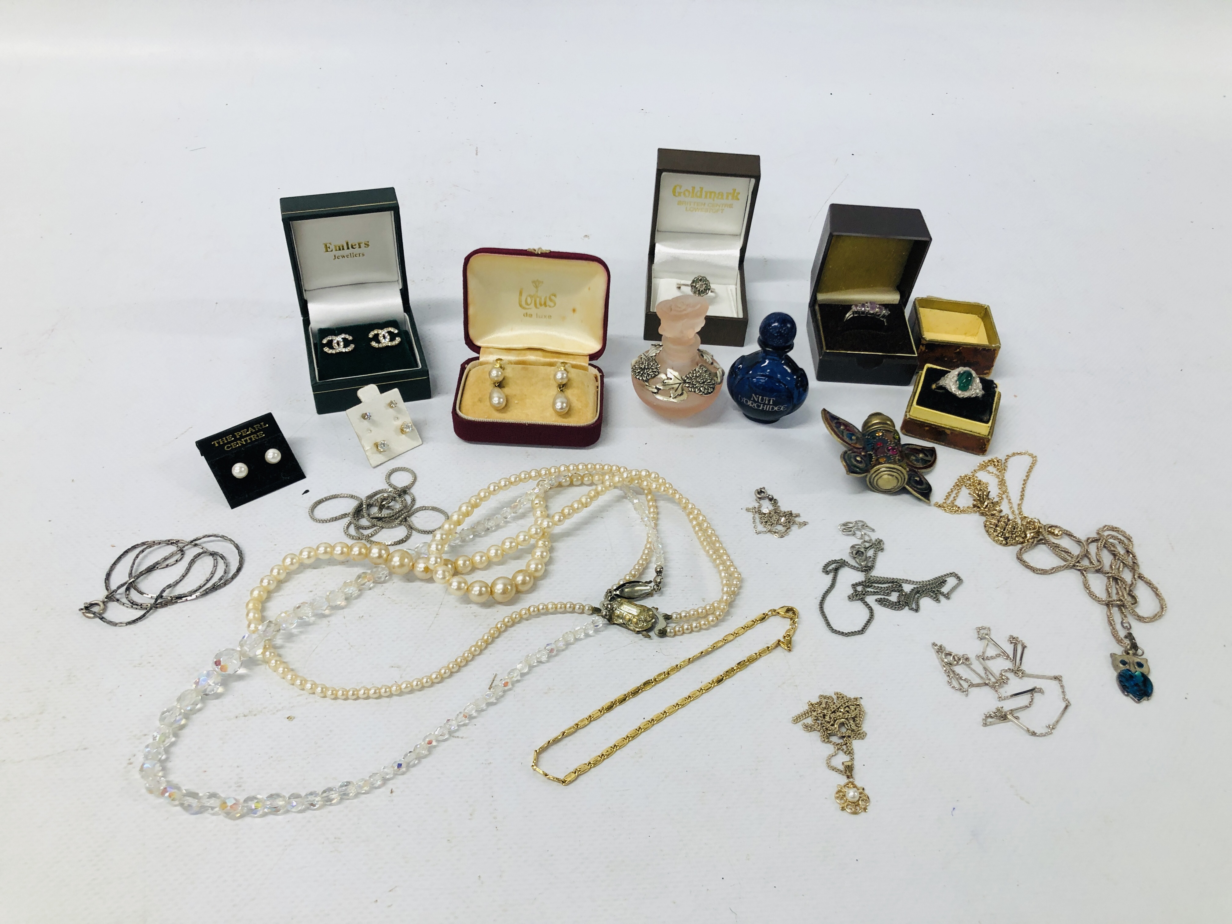 9CT GOLD AND PEARL EARRINGS PLUS SILVER RINGS, NECKLACES AND VINTAGE PERFUME BOTTLES ETC.