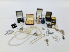 9CT GOLD AND PEARL EARRINGS PLUS SILVER RINGS, NECKLACES AND VINTAGE PERFUME BOTTLES ETC.