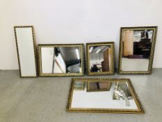 FIVE ASSORTED GILT FRAMED WALL MIRRORS OF VARYING SIZES THE LARGEST BEING WIDTH 102CM. HEIGHT 72CM.