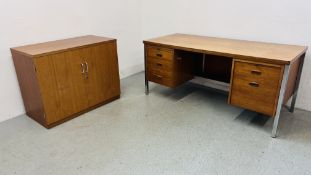 MID CENTURY TEAK FINISH DESK WITH 2 X SLIDES ONE CONTAINING TRAY AND FIVE DRAWERS ON SQUARE CHROMED