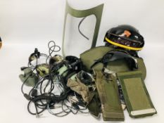 A GROUP OF AVIATION SOUND EQUIPMENT TO INCLUDE TWO SETS OF HEADSET EAR DEFENDERS A/F,