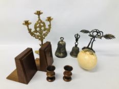 A BRASS CHURCH CANDLESTICK, A PAIR OF BOOK ENDS MADE FROM CROMES FAMOS SPROWSON MILL 1780 - 1933,