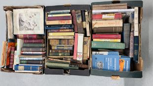 THREE BOXES VINTAGE BOOKS AND EPHEMERA TO INCLUDE 1904 HAND WRITTEN JOURNAL, SIGNED MENU, MAPS,