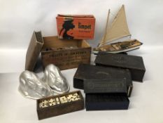 BOX OF ASSORTED COLLECTABLES TO INCLUDE WOODEN BOXES, JELLY MOULDS,