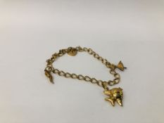 9CT. GOLD CHARM BRACELET ALONG WITH THREE VARIOUS 9CT.