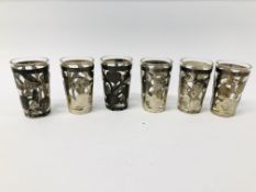 SET OF SIX MEXICAN SILVER OVERLAY SHOT GLASSES.