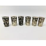 SET OF SIX MEXICAN SILVER OVERLAY SHOT GLASSES.