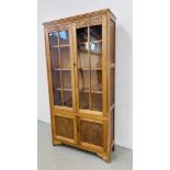 TWO OVER TWO DOOR PART GLAZED PINE DISPLAY CABINET WITH FLORAL CARVED DETAIL W 92CM, D 31CM,